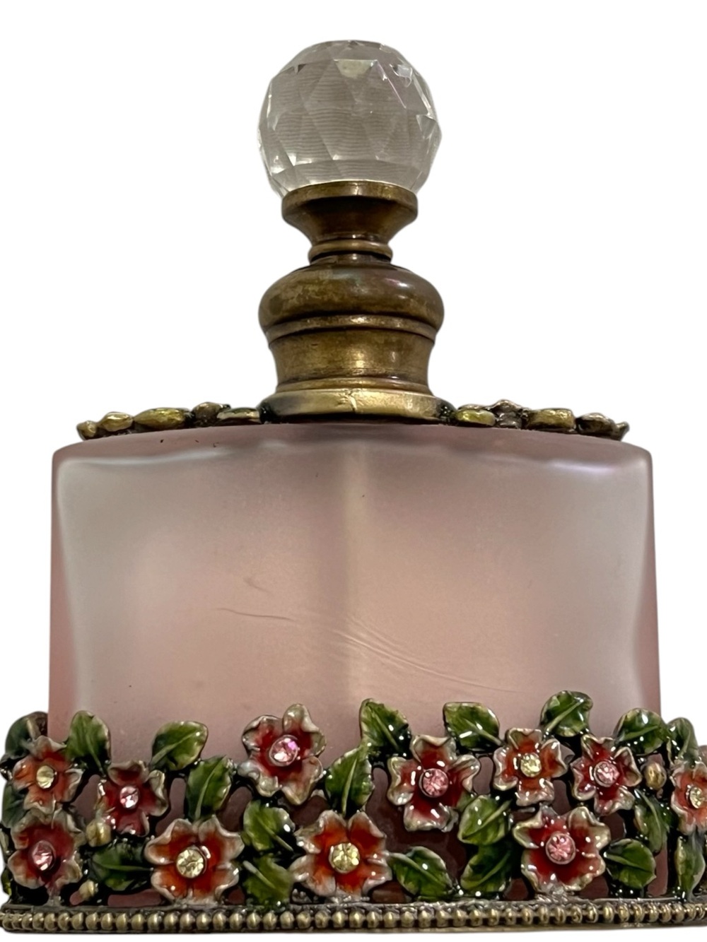 Vintage Enameled Frosted Glass Perfume Bottle Faceted Crystal Stopper